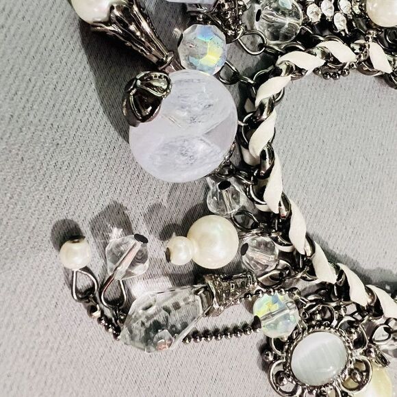 Art Glass Dangle Charm Bracelet Faux Pearl Leather Lilac Rhinestone Dangle - Picture 10 of 12